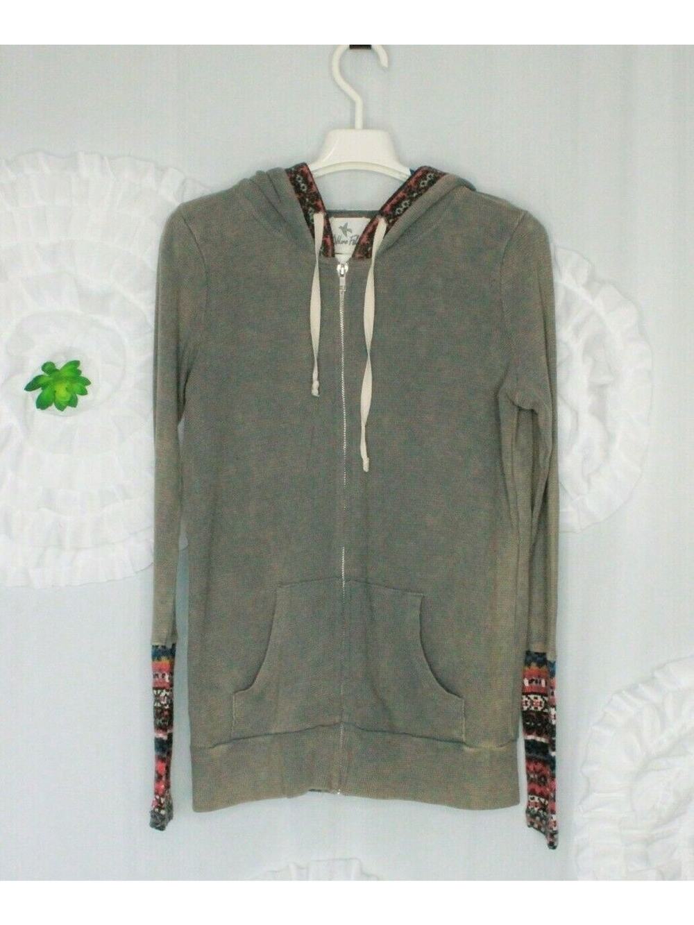 Others Follow Green Gray Hoodie Zip Waffle knit Thermal Fair Isle Trim Size XS